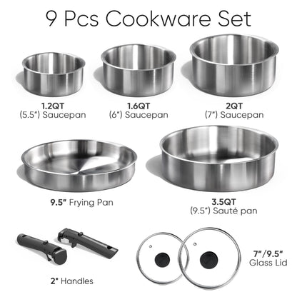 CAROTE Pots and Pans Set, Tri- Ply Stainless Steel Cookware Set Detachable Handle, 9pcs Induction Kitchen Cookware Sets with Removable Handle, RV Cookware Set, Oven Safe
