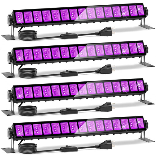 4 Pack LED Black Lights, Blacklight Bars with Plug+Switch+6ft Cord, Light Up 25x25ftx4, IP66 Waterproof Blacklight for Glow Party, Fluorescent Poster, Body Paint, Halloween Decorations, Bedroom, Stage