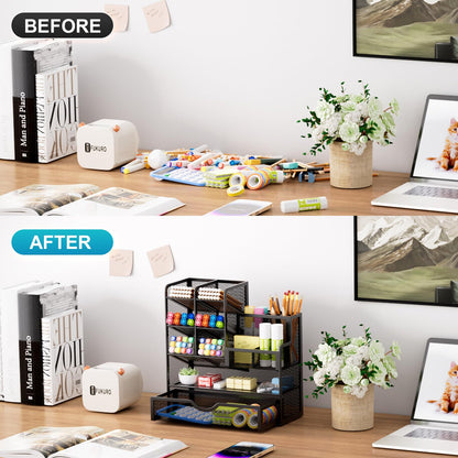 Marbrasse Mesh Pen Holder for Desk, Multi-Functional Pencil Organizer with Drawer, Desk Organizers and Accessories for Office Art Supplies (Black)