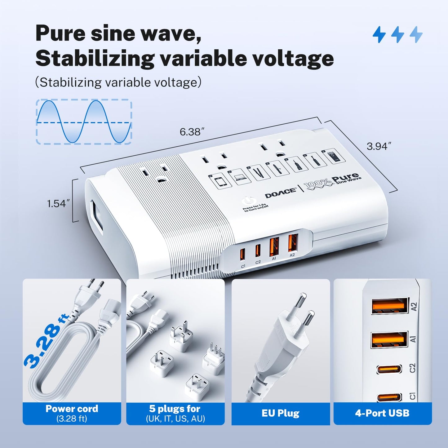 DOACE 500W Universal Travel Adapter 220V to 110V Voltage Converter, Pure Sine Wave European Travel Plug Adapter Converter, Transformer for US to Most Europe，UK/AU/EU/IT with 3 US Outlets & 4 USB