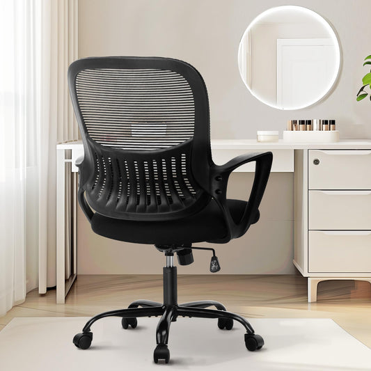 Sweetcrispy Home Office Computer Desk Chair, Managerial Executive Ergonomic Mid-Back Mesh Rolling Swivel Chair with Wheels, Comfortable Lumbar Support, Comfy Arms for Bedroom, Study, Student, Black