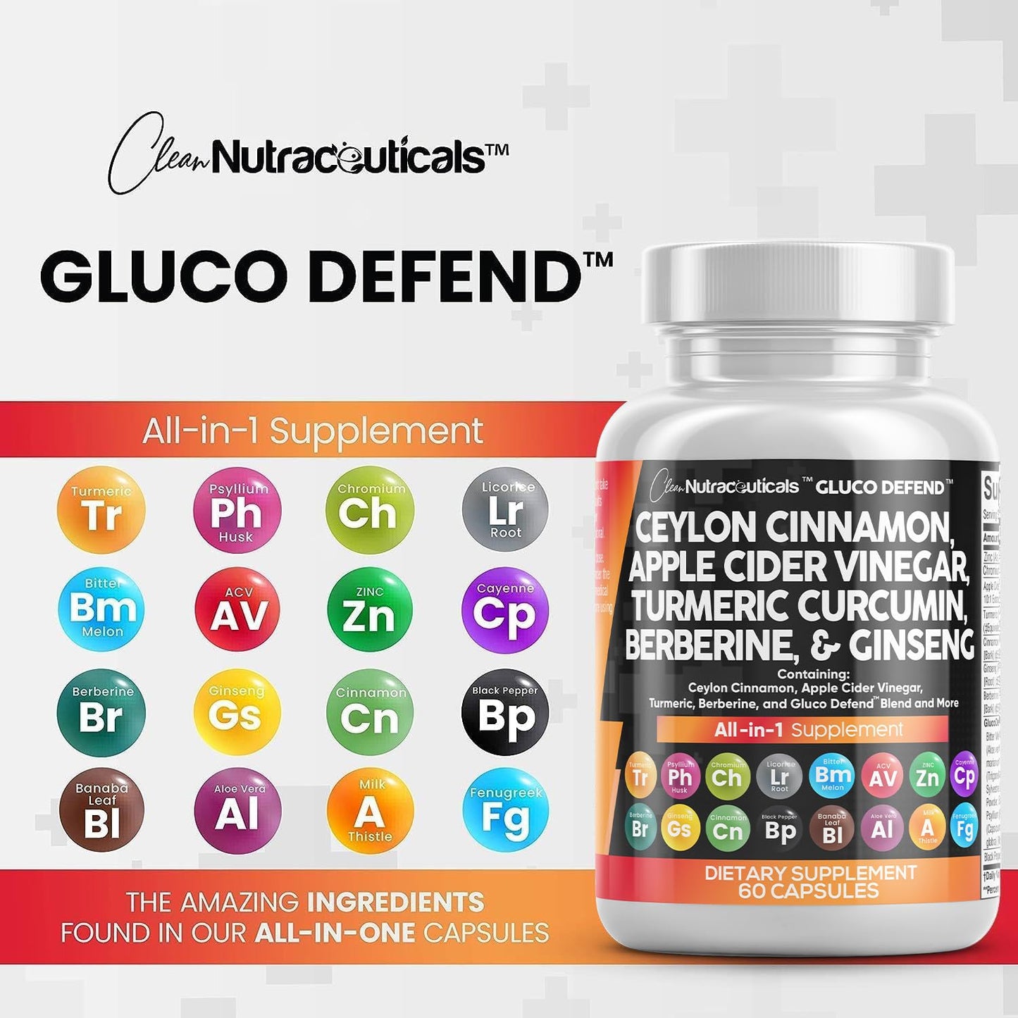 Clean Nutraceuticals Ceylon Cinnamon Turmeric Apple Cider Vinegar Ginseng Berberine Plus Bitter Melon Gymnema Milk Thistle Fenugreek