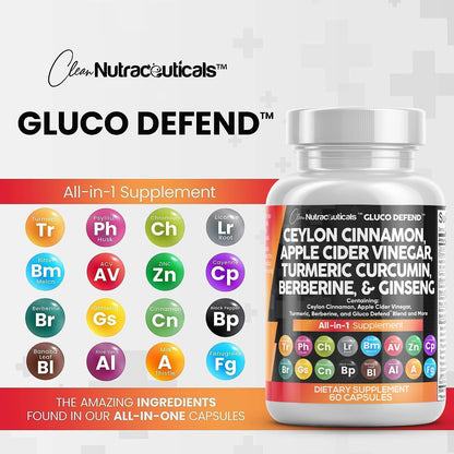 Clean Nutraceuticals Ceylon Cinnamon Turmeric Apple Cider Vinegar Ginseng Berberine Plus Bitter Melon Gymnema Milk Thistle Fenugreek