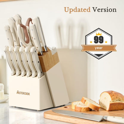 Knife Set,Astercook Kitchen Knife Set with Block 14-Piece Full Tang Stainless Steel Knives with Sharpener Dishwasher Safe and Anti-Slip Ergonomic Handle Elegant Cream White Utensils Set