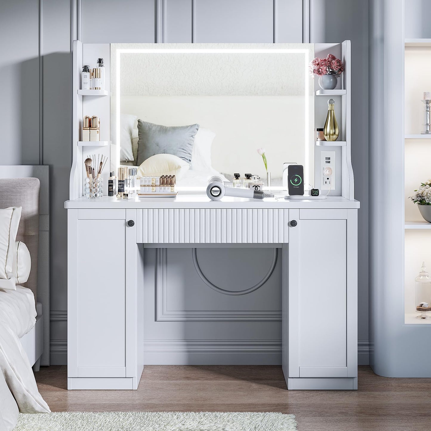 Fluted Makeup Vanity Desk with Mirror and Lights, Makeup Vanity Table with Power Outlet, Dressing Table with Storage, Adjustable Shelves, Touch Control, Modern White Vanity Desk with Lights