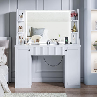 Fluted Makeup Vanity Desk with Mirror and Lights, Makeup Vanity Table with Power Outlet, Dressing Table with Storage, Adjustable Shelves, Touch Control, Modern White Vanity Desk with Lights