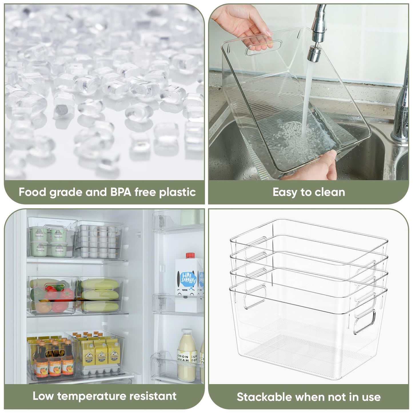 BALEINE Clear Plastic Storage Bins, Pantry Organization, BPA Free Stackable Refrigerator Organizers and Storage with Handles for Kitchen Fridge Cabinet Bathroom (4PK, 10.5x6x5)