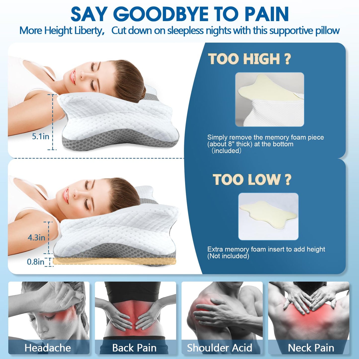 5X Pain Relief Cervical Pillow for Neck and Shoulder Support,Ear Piercing Pillow Design Cervical Memory Foam Pillows, Orthopedic Ergonomic Neck Pillow,Contour Bed Pillow for Side,Back,Stomach Sleeper…