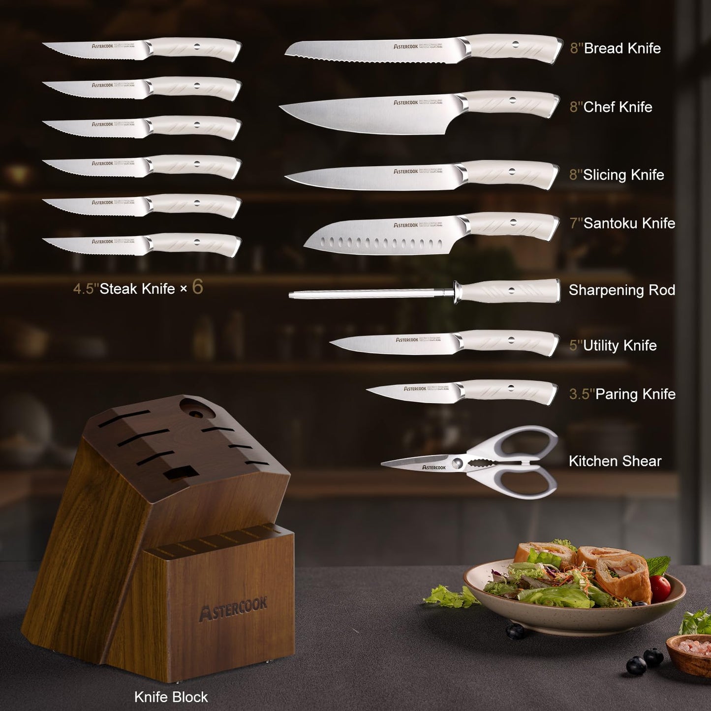 Knife Set, Astercook 15 Pcs Luxurious Kitchen Knife Set with Block, High Carbon German Stainless Steel Knife Block Set