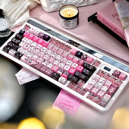 TYRIXKI 26 Keys Crystal Jelly Personalized Keycaps, PC Material Cute Black Pink Cat Transparent Custom Keycaps, Mao Profile Keycap for DIY MX Swithes Mechanical Keyboards