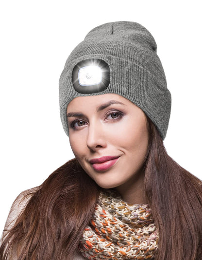 MELASA Unisex LED Beanie with The Light, USB Rechargeable Hands Free Headlamp Hat, Knitted Night Light Beanie Cap Flashlight Hat, Men Gifts for Dad Father Husband (Grey)