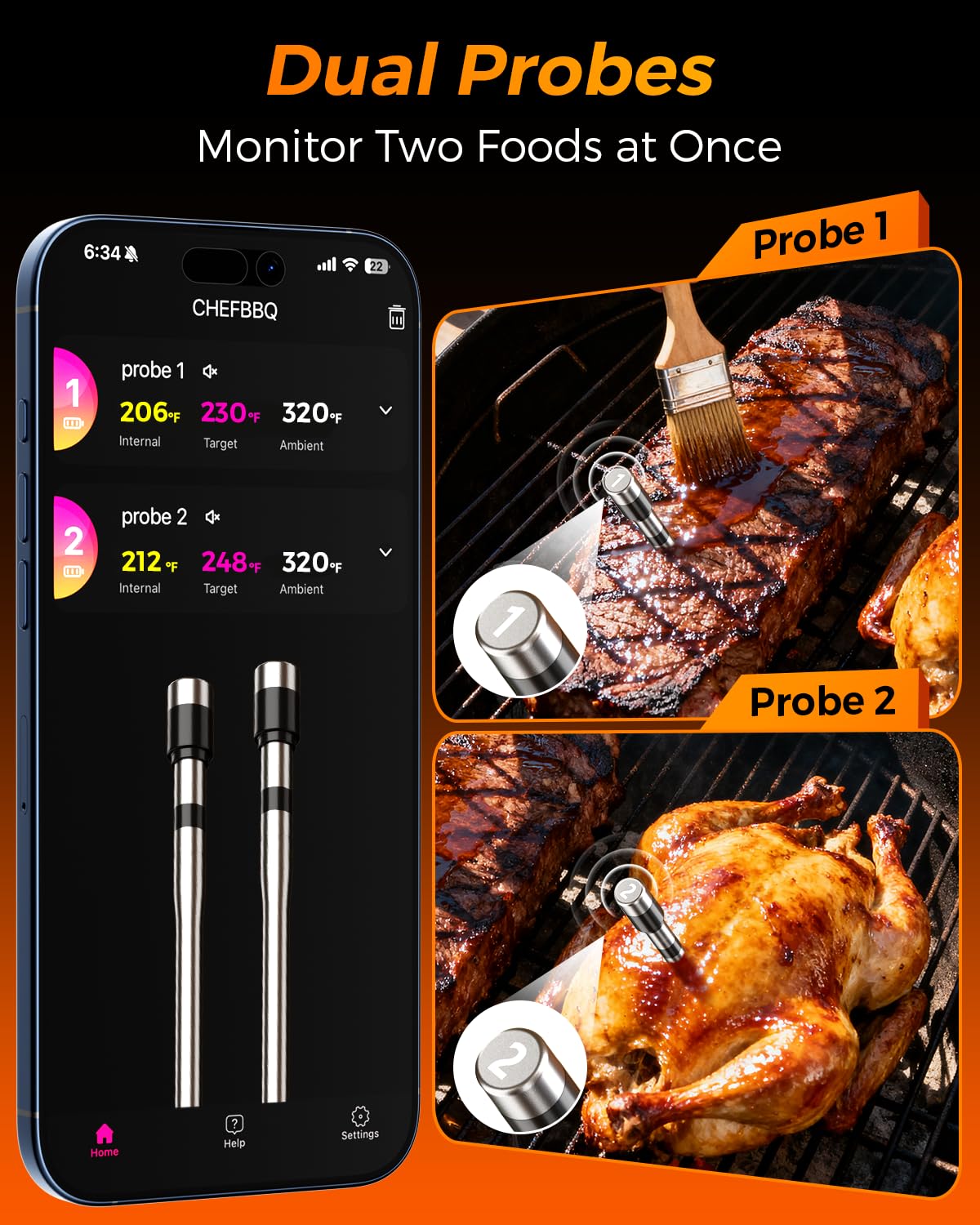 Alfolive 2025 AI Wireless Meat Thermometer, Smart Bluetooth Meat Thermometer Digital, ±0.5°F High Accuracy, Grill Temperature Probe for BBQ, Grilling, Smoker, Oven, Cooking, Air Fryer, 2 Probes
