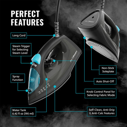 PurSteam Professional 1250W Steam Iron | Powerful Steamer with Burst of Steam & Spray | Non-Stick Soleplate, Easy Temperature Control & Auto Shut-Off