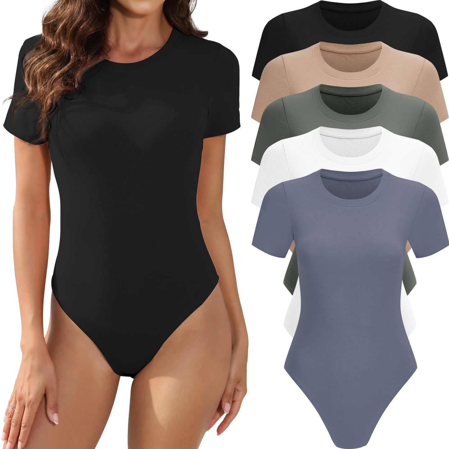 MLYENX 5 Pack Body Suits for Womens Short Sleeve Round Neck Casual Stretchy Basic T Shirt Bodysuit Tops M