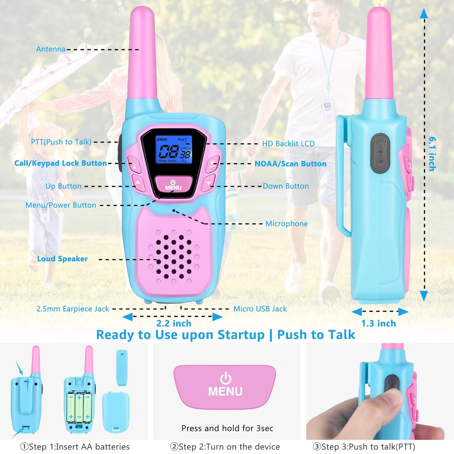 Topsung Walkie Talkies for Kids Long Range Walkie-Talkie for Adults Rechargeable 4 Pack with Lanyard NOAA USB, Family Pink 2 Way Radio Toys for 3-12 Year Old Boys Girls Toddlers Camping Skiing