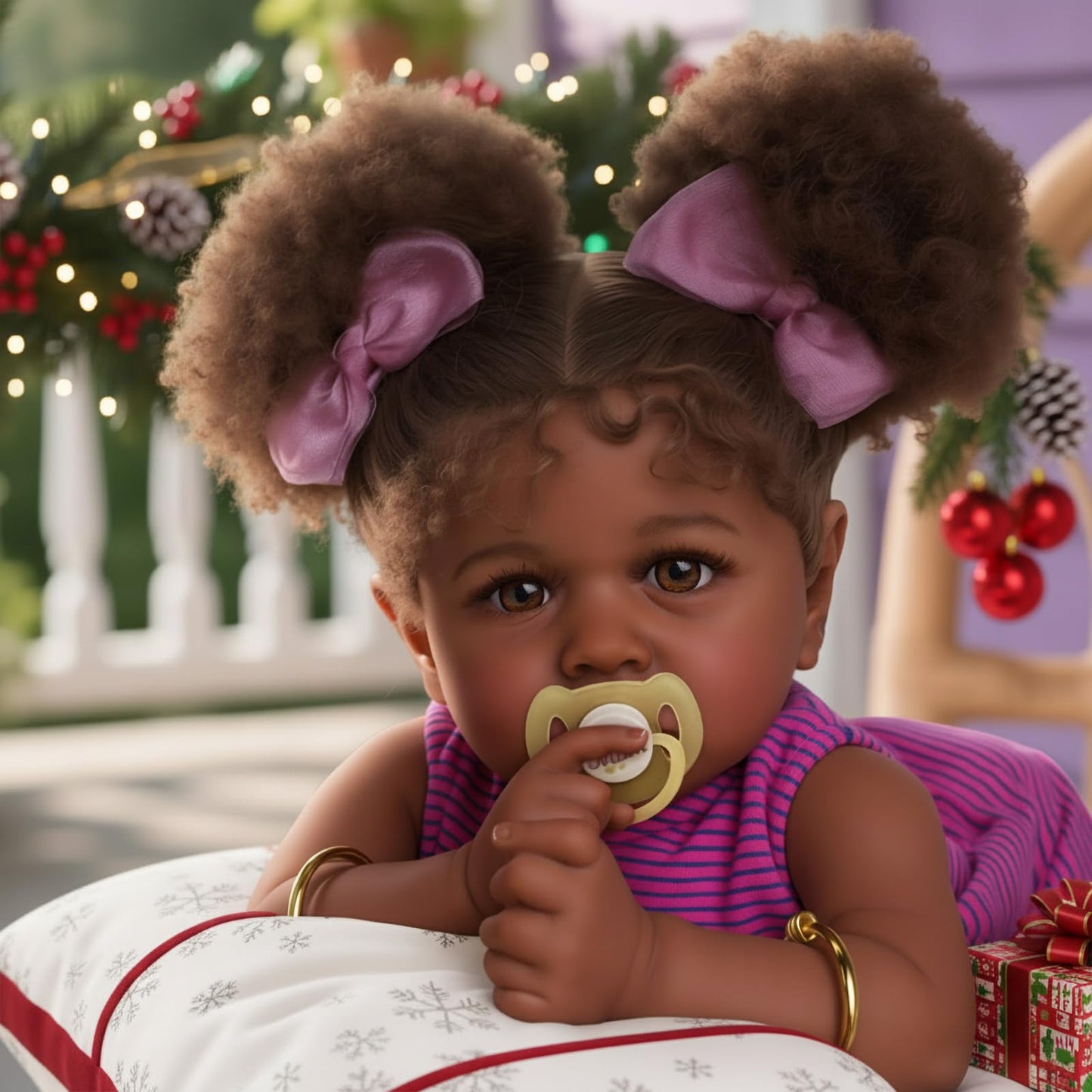 JIZHI Reborn Baby Dolls Black - 22 Inch Lifelike Soft Body Realistic-Newborn Baby Dolls Taupe Eyes Caramel Skin Tone Pink Striped Skirt Real Life and Toy Accessories Gift for Kids Age 3