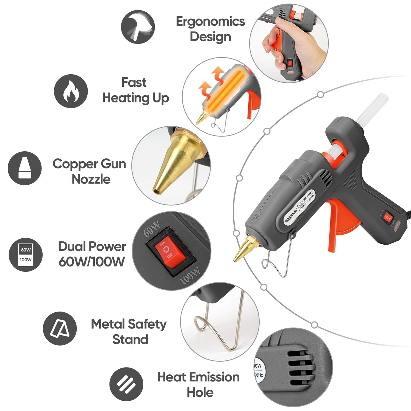 ROMECH Full Size Hot Glue Gun with 60/100W Dual Power and 21 Hot Glue Sticks (7/16"), Fast Preheating Heavy Duty Industrial Gluegun with Storage Case for Crafting, DIY and Repairs (Gray)