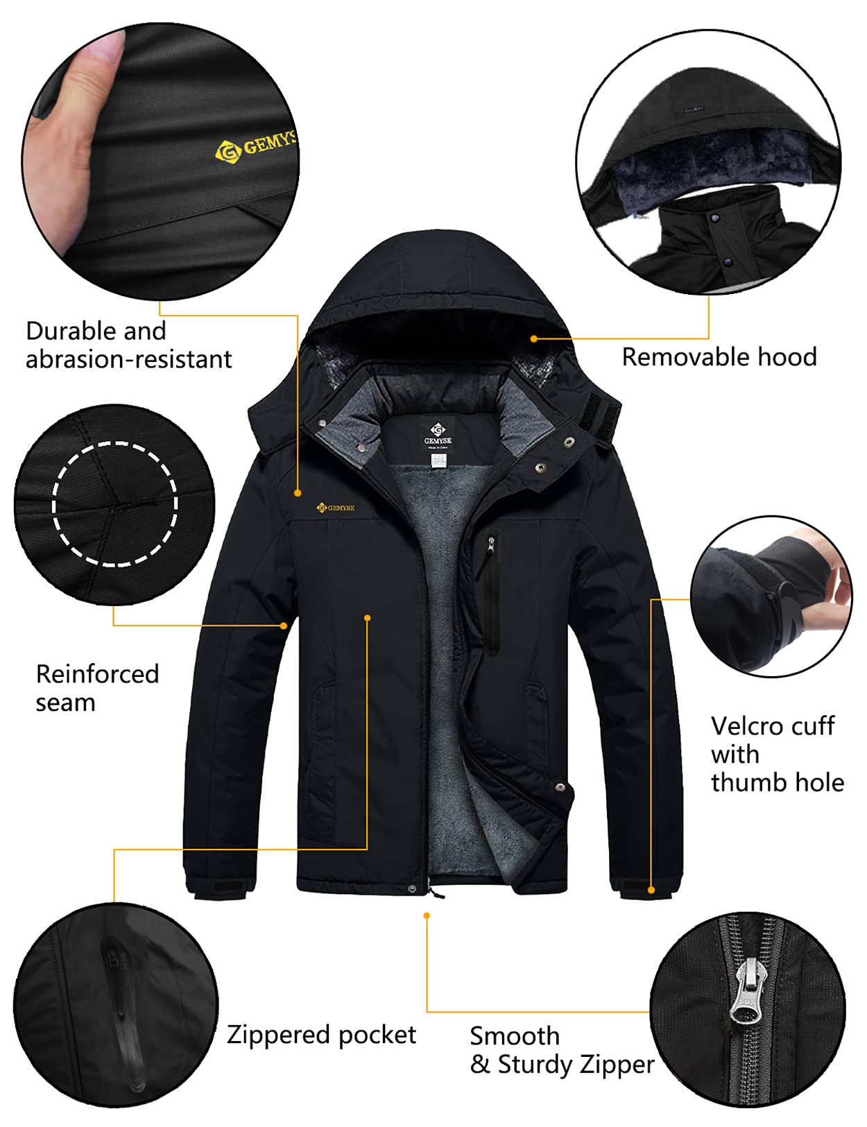 GEMYSE Men's Ski Snow Jacket Warm Winter Waterproof Coat Snowboard Rain Jacket Hooded Windproof Windbreaker（Black,Large）