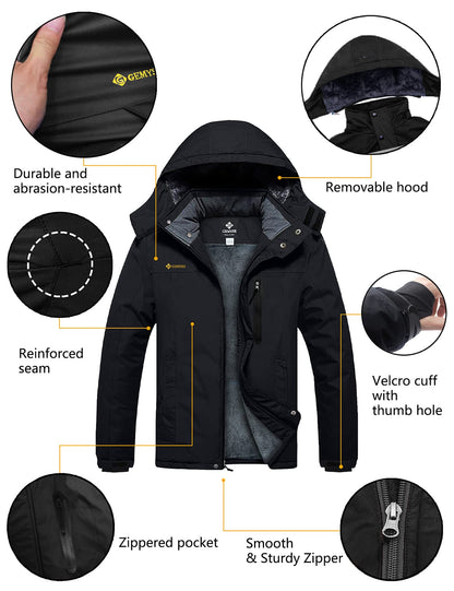 GEMYSE Men's Ski Snow Jacket Warm Winter Waterproof Coat Snowboard Rain Jacket Hooded Windproof Windbreaker（Black,Large）