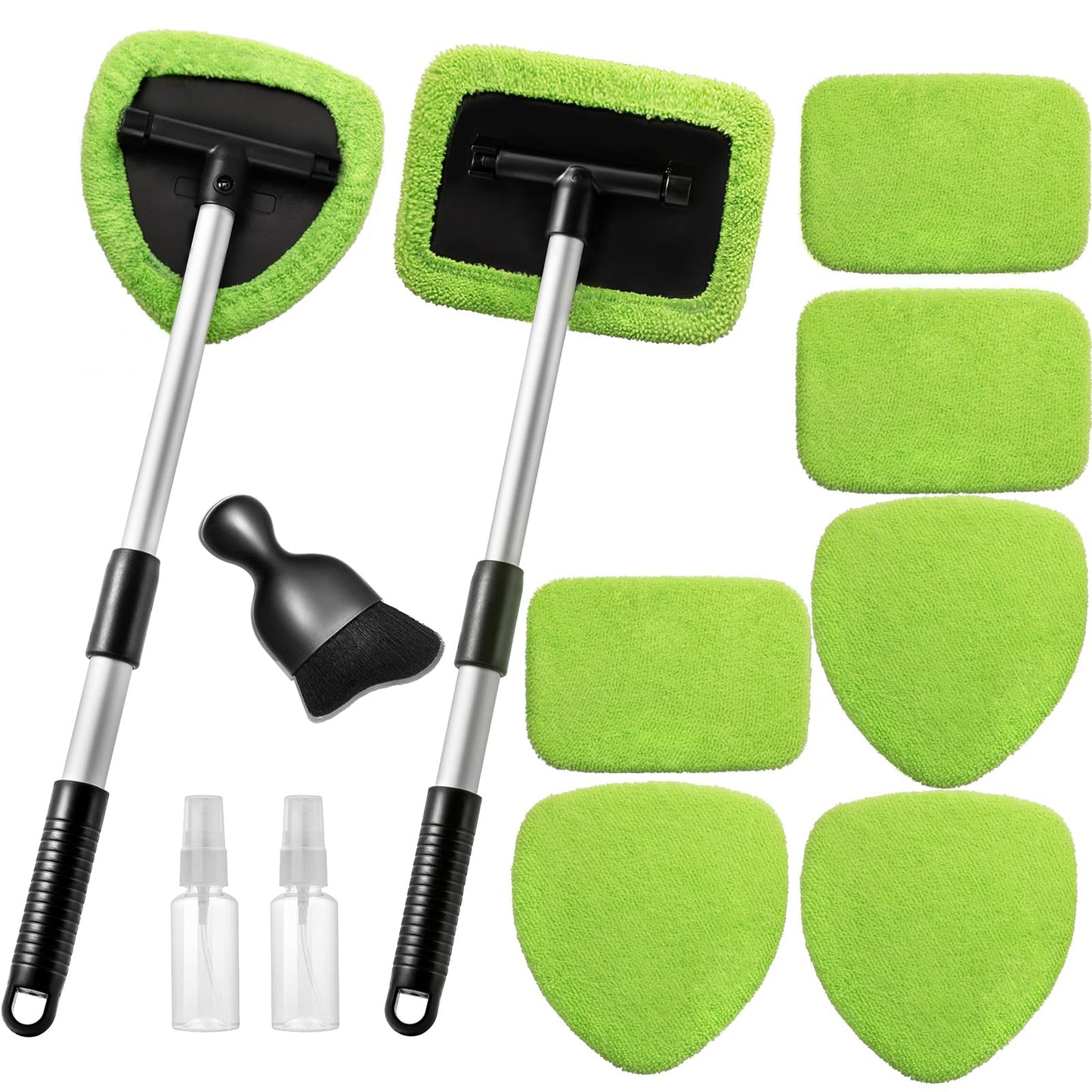 Qydipclin 11pcs Windshield Cleaner Tool, Car Window Cleaning Wash Kit with 6 Reusable Microfiber Pads 2 Spray Bottles and Extendable Handles Auto Glass Wiper Kit, Green