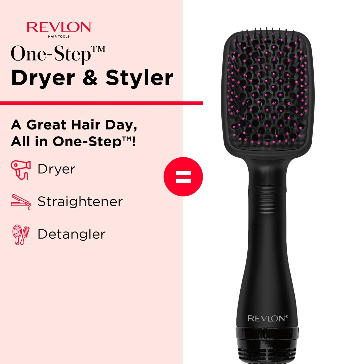 REVLON One-Step Hair Dryer and Styler, All-in-One Detangling and Straightener Brush for Salon-Quality Smooth, Straight Hair, More Shine and Less Frizz, Black