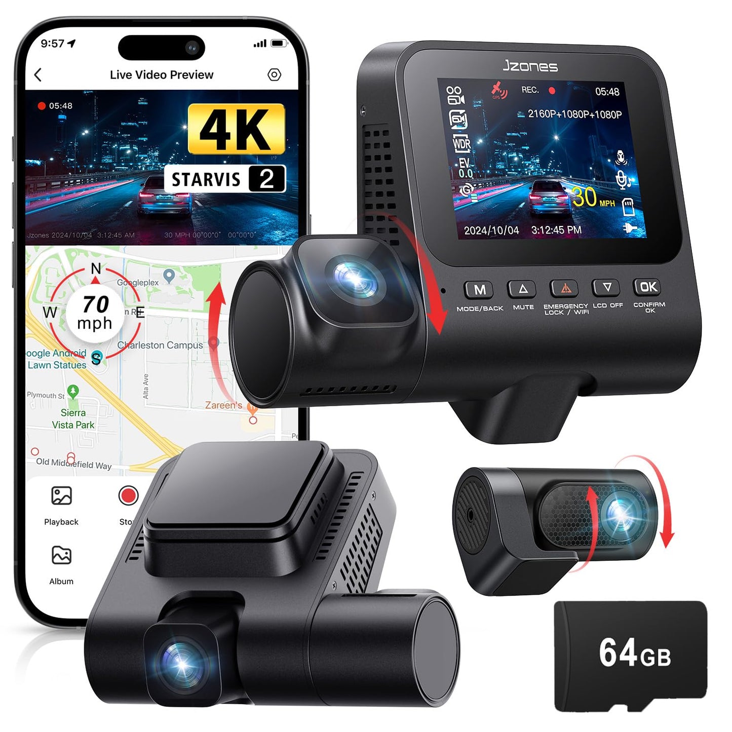 Dash Cam Front and Rear: 4K+1080P+1080P 3 Channel Dash Camera for Cars, STARVIS 2 Sensor Dash Camera with HDR Night Vision, 24H Parking Mode Car Camera with GPS, Free 64GB Card