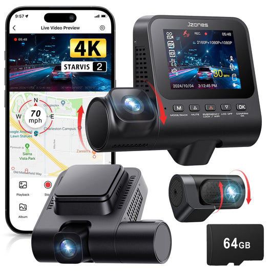 Dash Cam Front and Rear: 4K+1080P+1080P 3 Channel Dash Camera for Cars, STARVIS 2 Sensor Dash Camera with HDR Night Vision, 24H Parking Mode Car Camera with GPS, Free 64GB Card