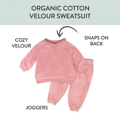 HonestBaby 2-Piece Cozy Velour Sweatshirt and Jogger Sweatpants Set 100% Organic Cotton for Toddler, Baby Boys, Girls, Pink, 0-3 Months