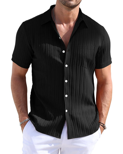 TUREFACE Black Short Sleeve Button Down Shirts for Men Casual Stripe Textured Wrinkle-Free Breathable Summer Beach Shirt