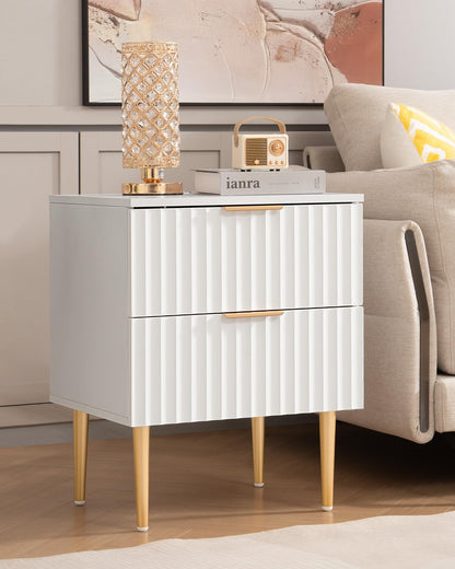 SICOTAS White Night Stand, Fluted Glossy Nightstand with 2 Drawers, Wide Modern Storage Bedside Table for Bedroom, End Side Table with Golden Metal Legs and Handles (White, 1 Piece)