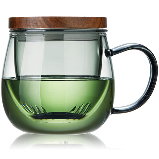 Unbreakable Glass Tea Cup with Infuser and Lid - 17oz Tea Mug for Loose Leaf Tea, Infusion Mug with Glass Filter and Wood Lid