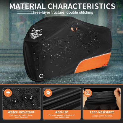 ROWYEET Motorcycle Cover Waterproof Outdoor Storage with Lock-Holes, Zipper Storage Bag & Night Reflective Design, All Season Protection Powersports Vehicle Covers Fits up to 96.5" Motorcycles