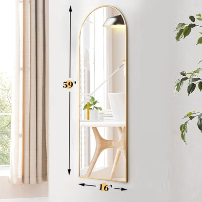 OLIXIS Arched Full Length Mirror 59"x16" for Bedroom, Full Body Mirror with Stand, Hanging or Leaning for Wall, Aluminum Alloy Thin Frame Floor Standing for Living Room, Tall, Gold
