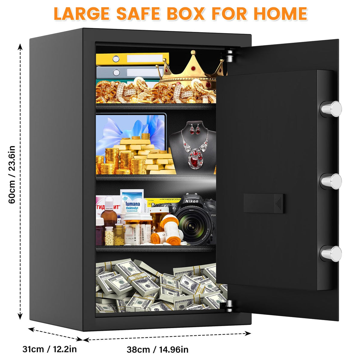4.5 Cuft Larger Safe Box Fireproof Waterproof, Fireproof Safe with Fireproof Document Bag, Alarm Systerm and Comb Lock, Anti-Theft Safes for Home Ammo Money Document