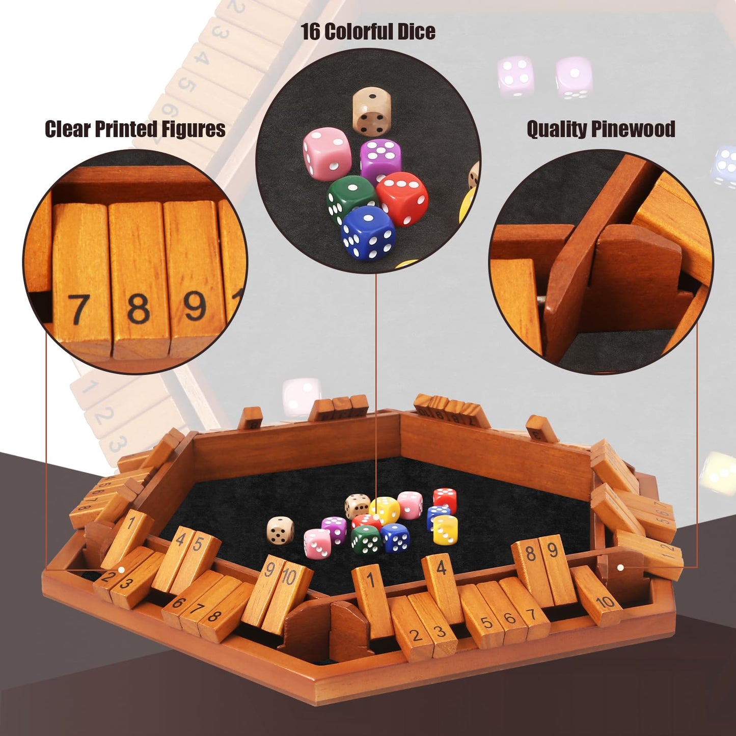 Toidgy 1-6 Players Shut The Box Dice Games, Wooden Board Table Math Game with 16 Dice and Instructions, Classics Close The Box Board Game for Adults Kids, Family Classroom Home or Bar