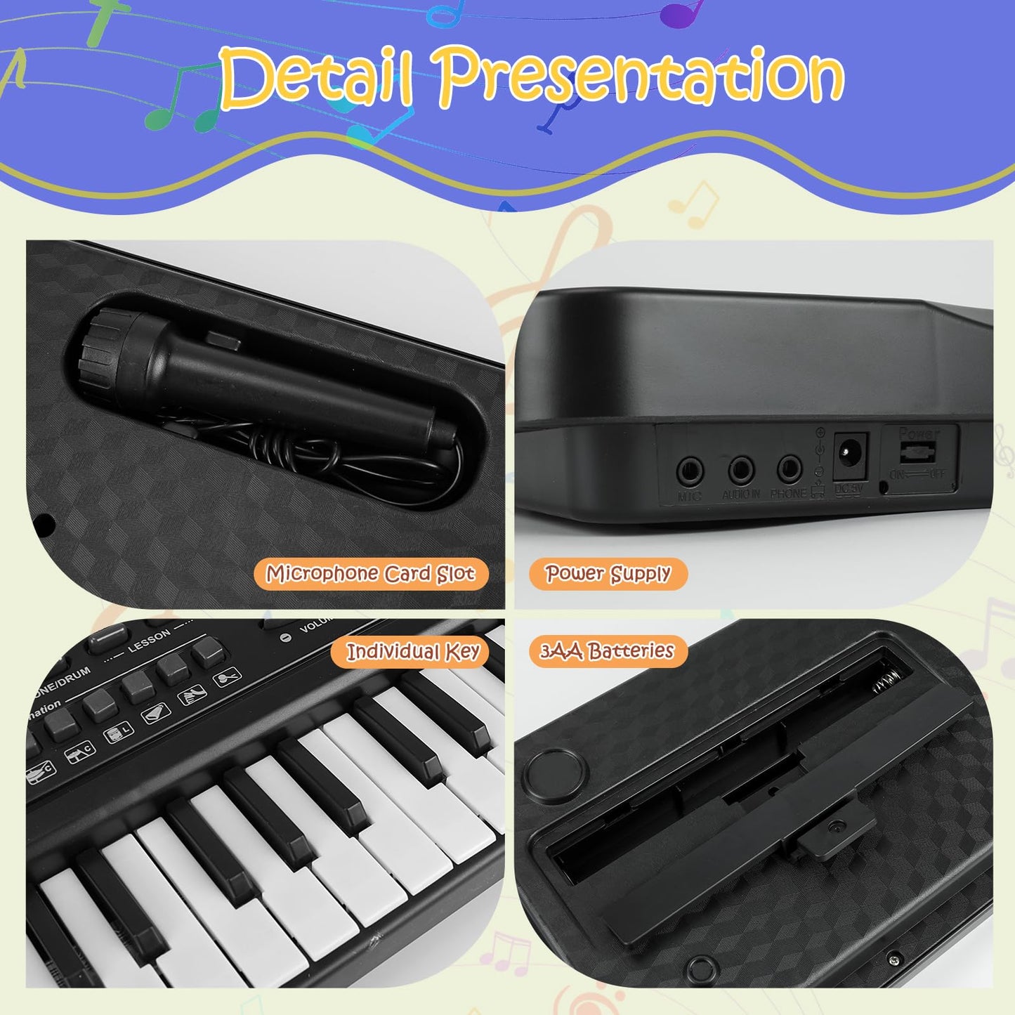 61 Key Piano Keyboard, Beginner Electronic Keyboard for Kids with Teaching Mode, 6 Demo Songs, 16 Tones, Microphone and Power Supply, Kids Piano Keyboard for Birthday Gift