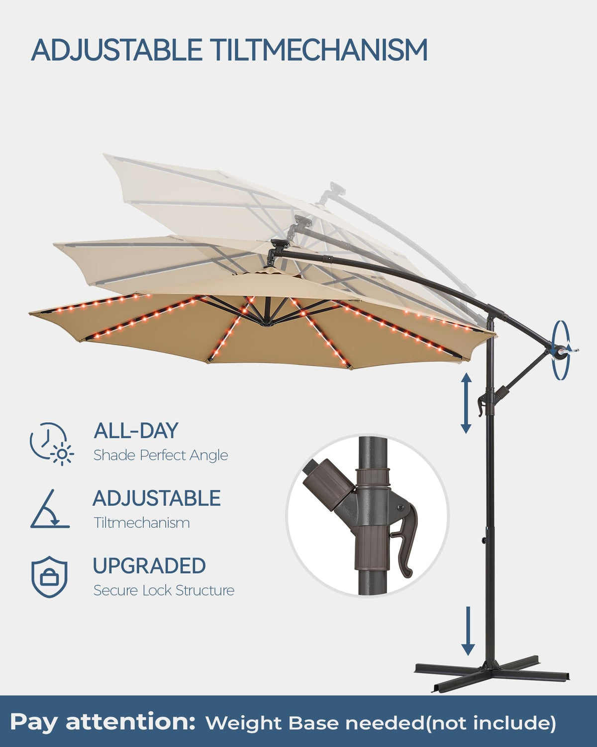 PEAKVONDER 10 ft Offset Patio Umbrella with Solar Lights, Large Cantilever Outdoor Umbrellas for Patio, Dual Charging, 200+ Light Modes, Heavy Duty, for Pool, Deck, Market, Tan HPU032TV1