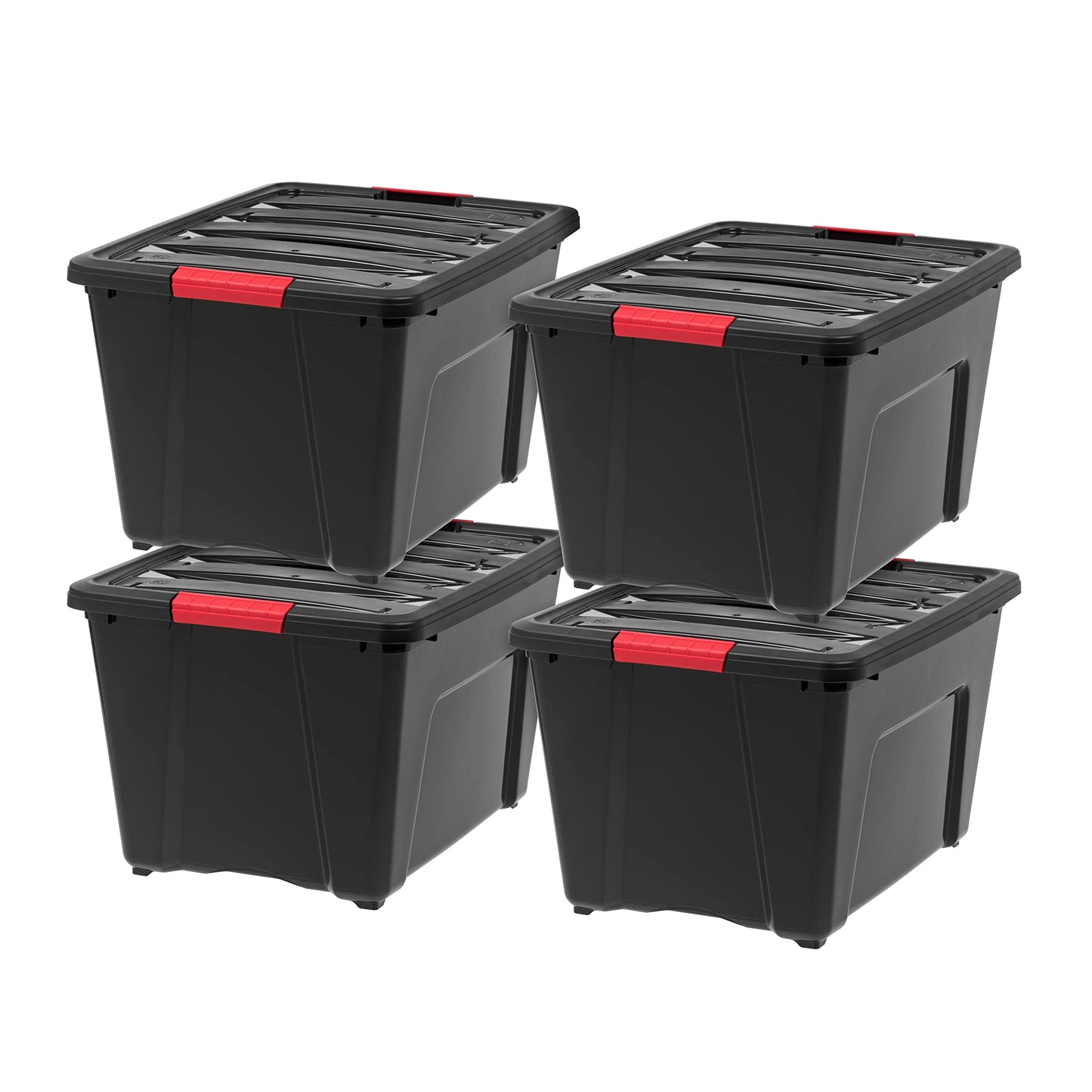 IRIS USA 51 L (54 QT) Plastic Storage Box with Lid and Latches - 4 Pack - BPA-Free, Garage Organizing Solution, Durable Nestable Stackable Containers, Secure Pull Handle - Black