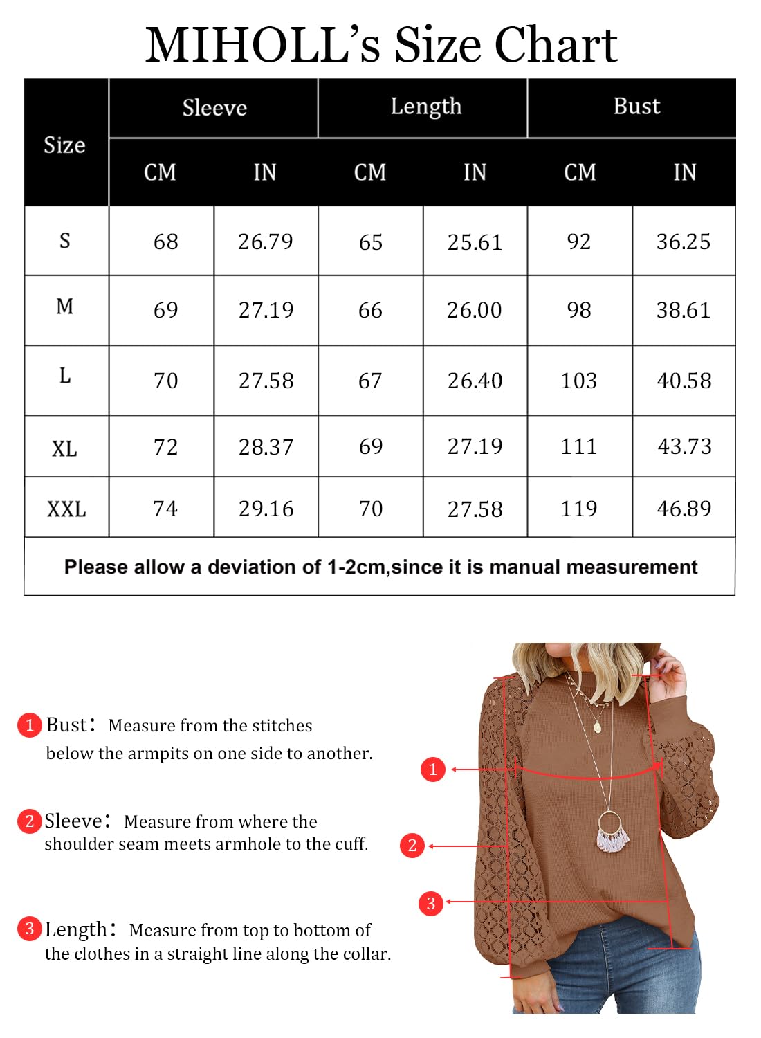 MIHOLL Women’s Long Sleeve Tops Lace Casual Loose Blouses T Shirts Coffee