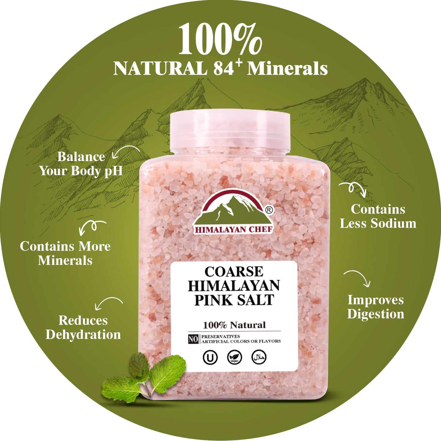 Himalayan Chef Pink Himalayan Salt Coarse Grain, Plastic Jar - 5 lbs. For Refill Grinders