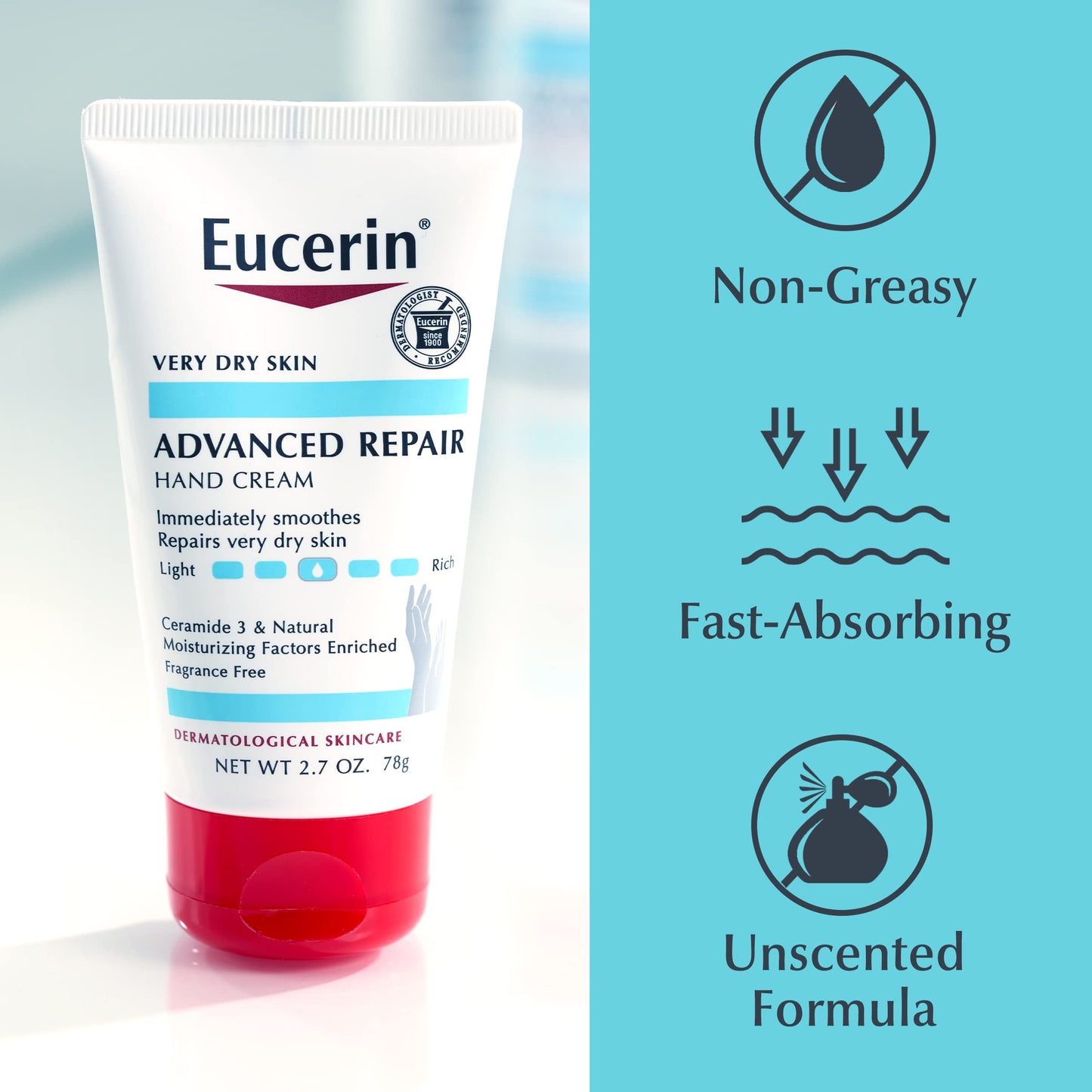 Eucerin Advanced Repair Hand Cream, Immediately Soothes and Repairs Very Dry Skin, Fragrance Free, Non Greasy, Fast Absorbing, Travel Size Hand Lotion, 2.7 Oz Tube, Pack of 3