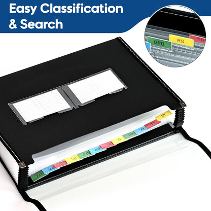 12-Pocket-Expanding File-Folder,Accordion-File-Organizer, A4/US Letter Size Paper Receipt Organizer Accordian Filing Folders (Black-T-12 Pockets)