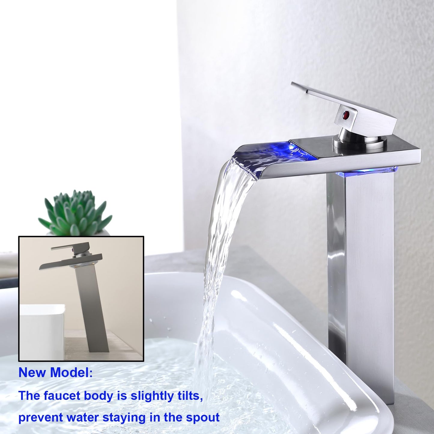 Kmeino LED Bathroom Faucet, Brushed Nickel Bathroom Sink Tall Faucet 1 Hole Waterfall Vessel with 3 Color Changing Single Handle Brass