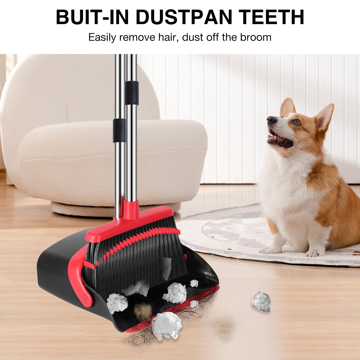 NACENA Broom and Dustpan Set, 52-in Long Adjustable Handle Broom Dustpan Combo with Dustpan Teeth to Automatically Clean Hair Suitable for Home Kitchen Office Hall Floor（Black&Red）