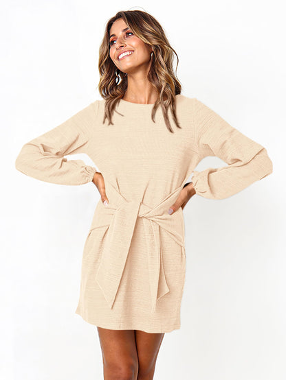 PRETTYGARDEN Women's Elegant Long Lantern Sleeve Short Dress Crewneck Tie Waist Knit Cocktail Dress (Apricot,Small)