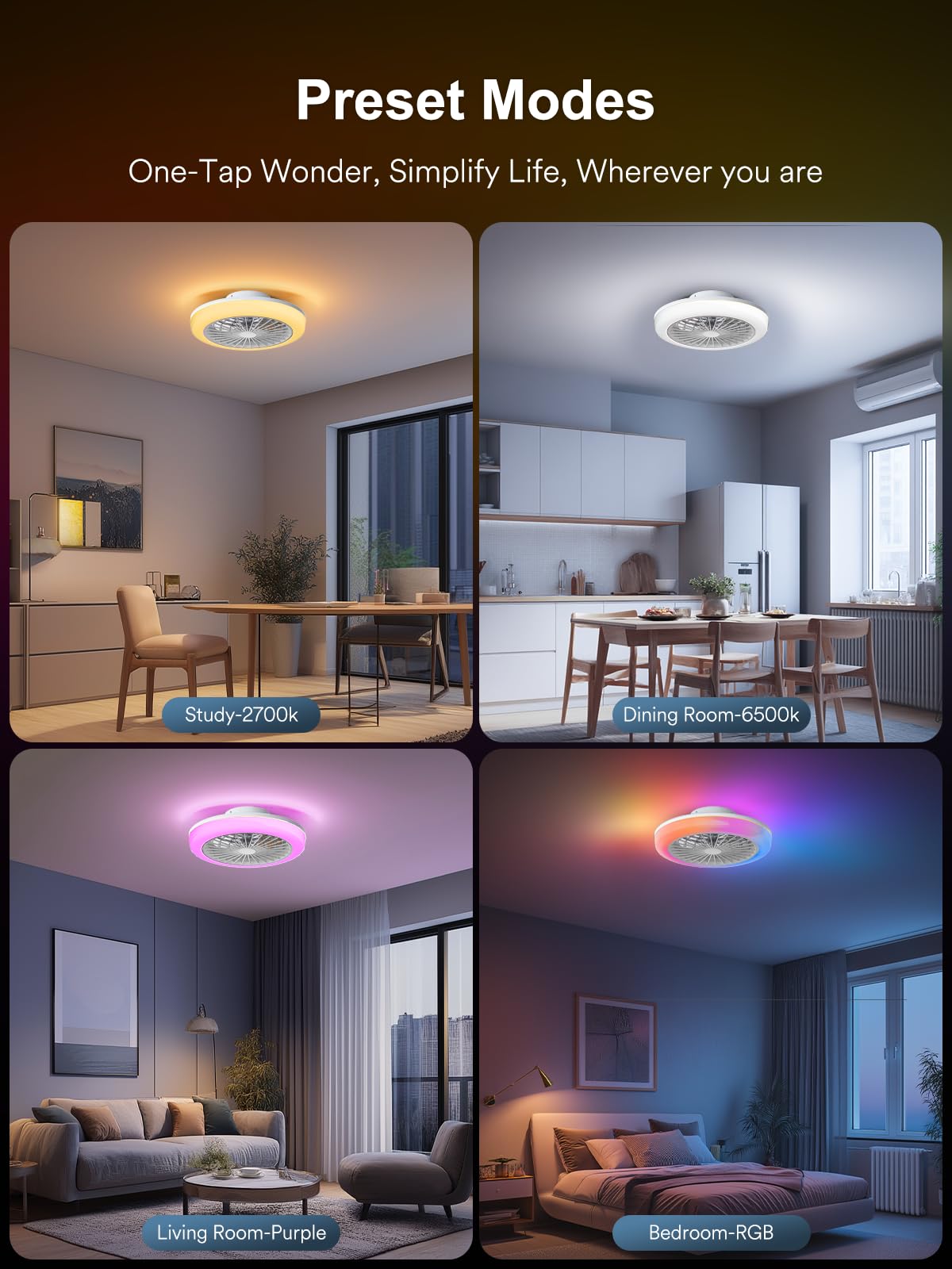 ANGELHALO 18" Smart Ceiling Fan with Light, RGBWW Flush Mount Fandelier with Remote/App Control, Music Sync, Quiet 6-Speed Motor, Low Profile for Bedroom/Kids Room/Home Offices/Small Living Spaces