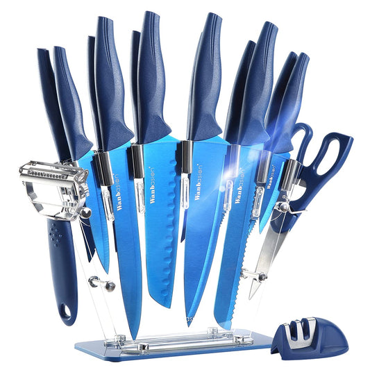 Wanbasion 16pcs Blue Kitchen Knife Set with Block, Stainless Steel Knives Set for Kitchen, Professional Chef Knife Sets for Kitchen with Sharpener Acrylic Block