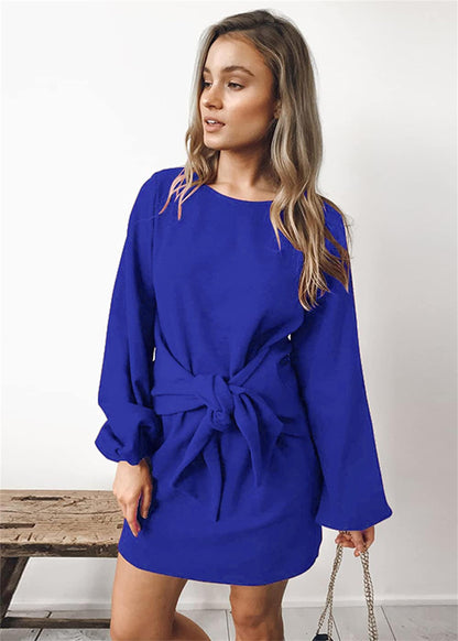 PRETTYGARDEN Women's Elegant Long Lantern Sleeve Short Dress Crewneck Tie Waist Knit Cocktail Dress (Blue,Small)