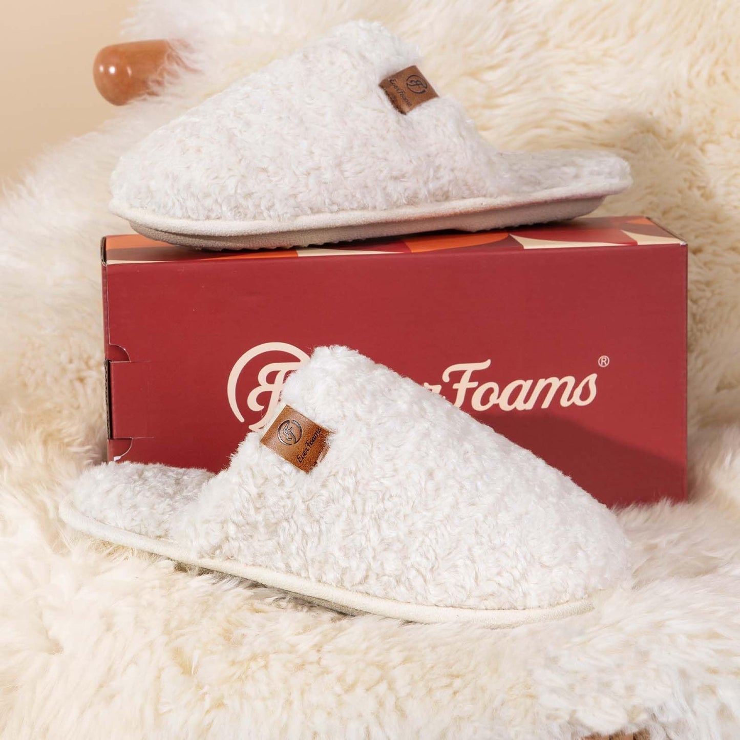 EverFoams Women's Fuzzy Slip-on Slippers Warm Cozy Soft Lightweight Memory Foam Indoor House Shoes Cream White, 7-8 US