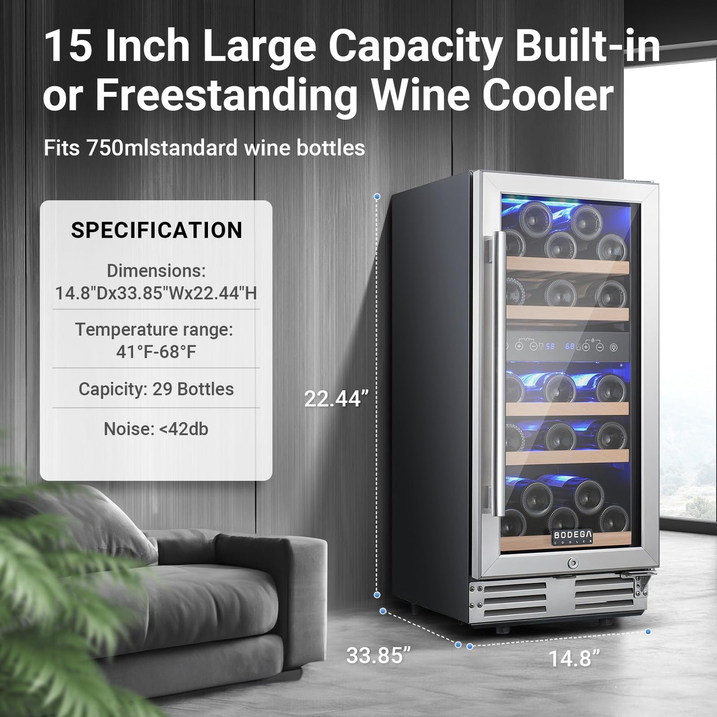 BODEGA 15 Inch Wine Cooler, Dual Zone Wine Fridge with Double-Layer Glass Door, wine cooler refrigerator with Digital Temperature Control and Temperature Memory, 30 Bottles wine cooler for home.